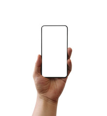 Hand of man hold a blank smartphone isolated on white background.