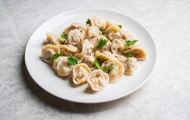 Pelmeni Russian national kitchen. Boiled dumplings with beef. Selective focus. Shallow depth of field.