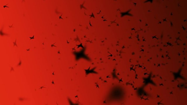Motion background: a large flock of small black birds flying across a red sky.