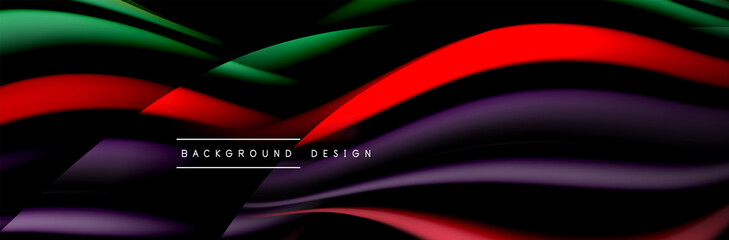 Сolorful flow poster. Wave liquid lines and shapes in black color background. Vector Illustration