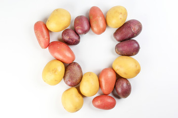 red purple yellow multi tri color small baby potato on white background frame border copy text space