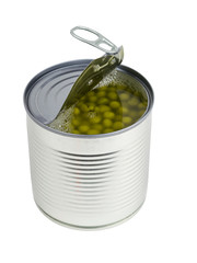 Canned green peas in an open tin isolated on a white background.