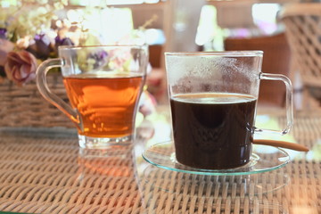 black coffee and hot tea in the morning