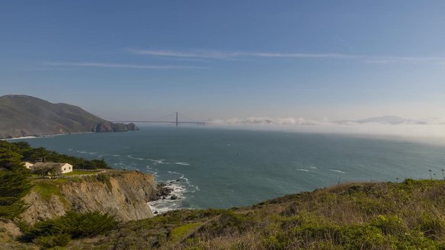 Fog rolls into the San Francisco Bay from the Pacific Ocean seen from the Marin Headlands 