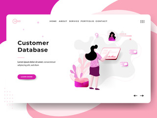 Landing page Customer Database, the concept of women using a computer while standing, can be used for landing pages, web, UI, banners, templates, backgrounds, flayer, posters.