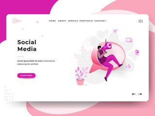 Landing page Social Media, the concept of men being promoted using a microphone, can be used for landing pages, web, UI, banners, templates, backgrounds, flayer, posters.