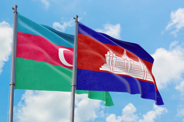 Cambodia and Azerbaijan flags waving in the wind against white cloudy blue sky together. Diplomacy concept, international relations.