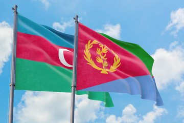 Eritrea and Azerbaijan flags waving in the wind against white cloudy blue sky together. Diplomacy concept, international relations.