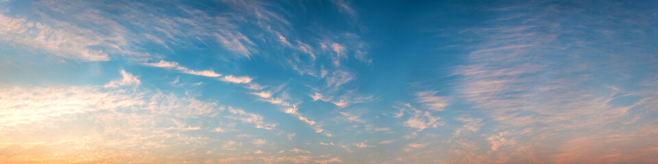 Panorama of Dramatic vibrant color with beautiful cloud of sunrise and sunset. Panoramic image.