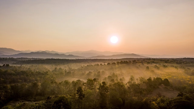 Panorama view of countryside forest and mountains when sunrise. Panoramic image.