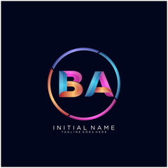 Initial letter BA curve rounded logo, gradient vibrant colorful glossy colors on black background