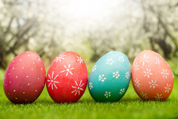 Easter painted eggs on green grass, spring easter composition