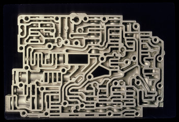 Close-up of engine part against black background