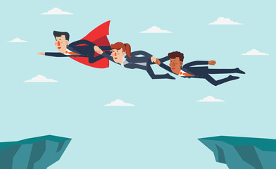 Superhero helps business people jump over the cliff