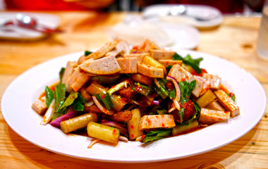 Spicy Vietnamese Sausage (Pork sausage)fried with spicy sauce is eaten with rice or glutinous rice in Thailand 
