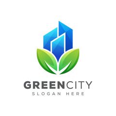 green city leaf logo, nature building with leaf logo vector template