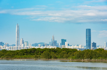 Skyline of downtown of Shenzhen city, China. Viewed from Hong Kong border