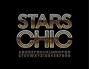 Vector bright logo Stars Chic. Golden Alphabet Letters and Numbers. Luxury stylish Font.