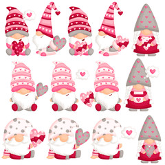 A Vector Set of Cute Gnome Thinking about Love and Celebrating Valentine’s Day