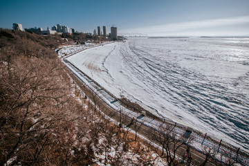 beach in winter, Khabarovsk, Russia.
