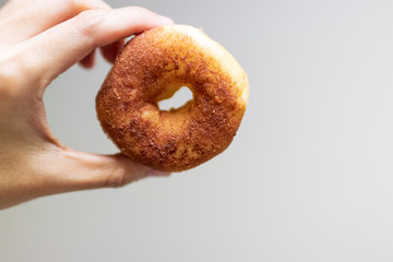 Hand holding a sugar cinnamon doughnut. 