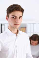 Handsome smiling businessman in suit portrait at workplace look in camera. White collar worker at workspace exchange market job offer certified public accountant internal revenue officer concept