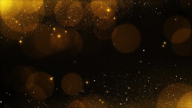 golden particles bokeh abstract background with shining gol Floating Dust Particles Flare star on Black Background in Slow Motion. Futuristic glittering fly movement flickering loop in space.