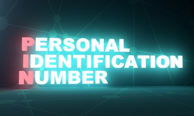 Acronym PIN - Personal Identification Number. Technology conceptual image. 3D rendering. Neon bulb illumination