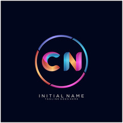 Obraz premium Initial letter CN curve rounded logo, gradient vibrant colorful glossy colors on black background