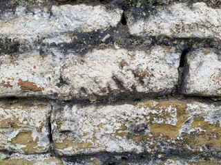 Old Wall with Moldy Peeling White Painting from Humidity. Cracked White Wall as Rusty Concrete Weathered Wall Grunge Background 