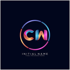 Initial letter CW curve rounded logo, gradient vibrant colorful glossy colors on black background
