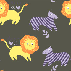 Vector seamless pattern with animals: giraffe, zebra, lion, elephant.