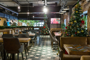 Christmas restaurant interior in loft style