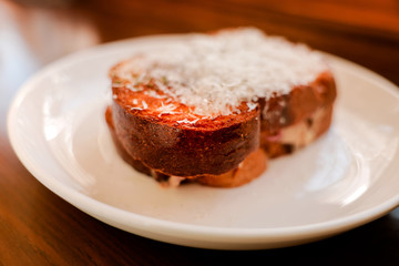 Toast Bread with Cheese on White Plate. Morning Meal on Cozy Weekend. Close-up shot