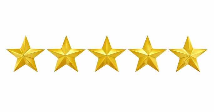 Bright shine across five golden stars for five star rating or review, with mask. Loop. 3d render.