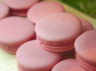 Selective Focus of French Strawberry Macaroons, Sweet Pink Almond Macarons or French sweet cookie.