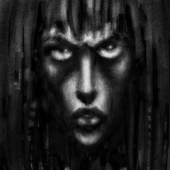 Face of a beautiful amazon on black background. Genre of horror fantasy. Creepy character head for Halloween illustration. Coal and noise effect.