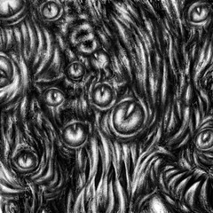 Horrible multi-eyed monster mutant from space. Genre of horror fantasy. Creepy character head for Halloween illustration. Coal and noise effect.