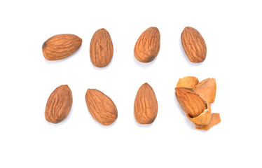 Almond isolated. Nuts on white background. Collection. Clipping path included. Full depth of field.