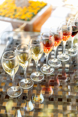 Wine tasting set in the light summer environment. Custom wine tasting concept. Glasses of wine on the glass table and outdoor background
