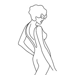Fototapeta premium Vector modern line art of woman. Vintage art deco hand drawn simple illustration for promotional items, posters, fashion t-shirt design, printing, posters, invitations, cards, leaflets. Isolated on
