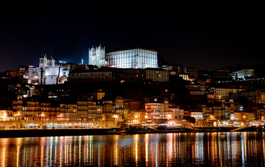 Porto city at night, reflection of shadows in water