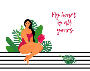 Valentines day card with a beautiful girl holding red heart. Tropical leaves background. Love quote. My heart is all yours. Cartoon flat design. Vector