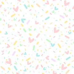 Colorful Confetti and Hearts hand drawn seamless pattern background.