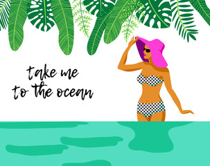 Girl in bikini standing in the sea under palm trees somewhere on tropical island. Woman in swimming suit. Retro vintage style. Flat cartoon design. Vector illustration.