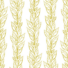 Vector seamless pattern with gold vertical branches and leaves; abstract natural design for fabric, wallpaper, textile, wrapping paper, web design.