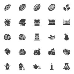 Novruz holiday sweets vector icons set, modern solid symbol collection, filled style pictogram pack. Signs, logo illustration. Set includes icons as pakhlava, shekerbura, gogal, mutaki, eggs, bonfire