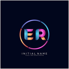 Initial letter ER curve rounded logo, gradient vibrant colorful glossy colors on black background