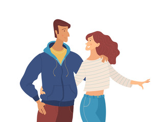 Friends, embracing man and woman flat vector illustration