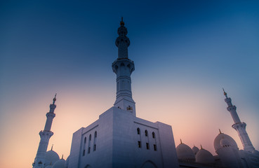 The famous Sheikh Zayed mosque corner view during sunset and it is the largest mosque in UAE